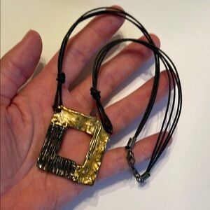HANDCRAFTED Corded Necklace Black Goldtone Metals Art Piece Unique Goth Punk
